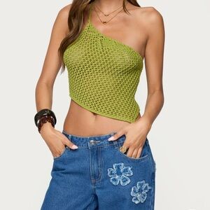 NWT Edikted One-Shoulder Crochet Crop Top - Green